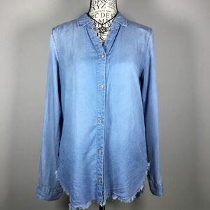 Blue denim button up soft shirt raw edge round hem longer in back size XSmall